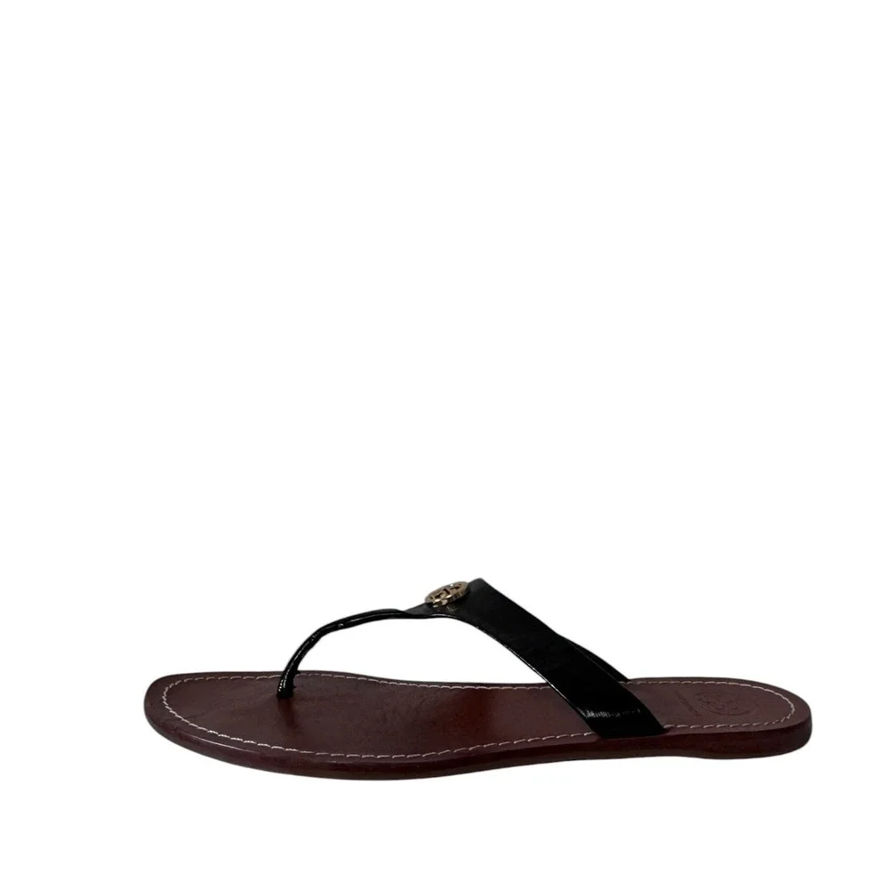 Tory Burch Miller Black Patent Leather Thong Sandals Brown Gold Logo Medallion